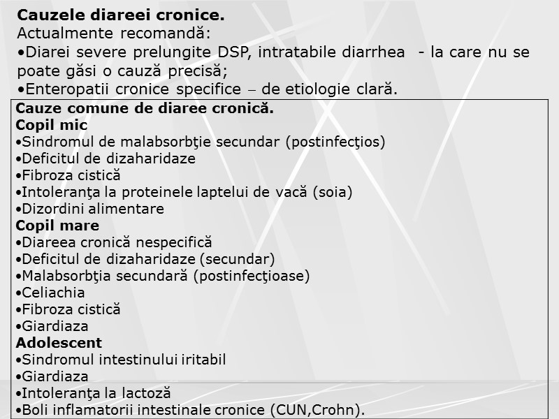Cauzele diareei cronice.  Actualmente recomandă:  Diarei severe prelungite DSP, intratabile diarrhea 